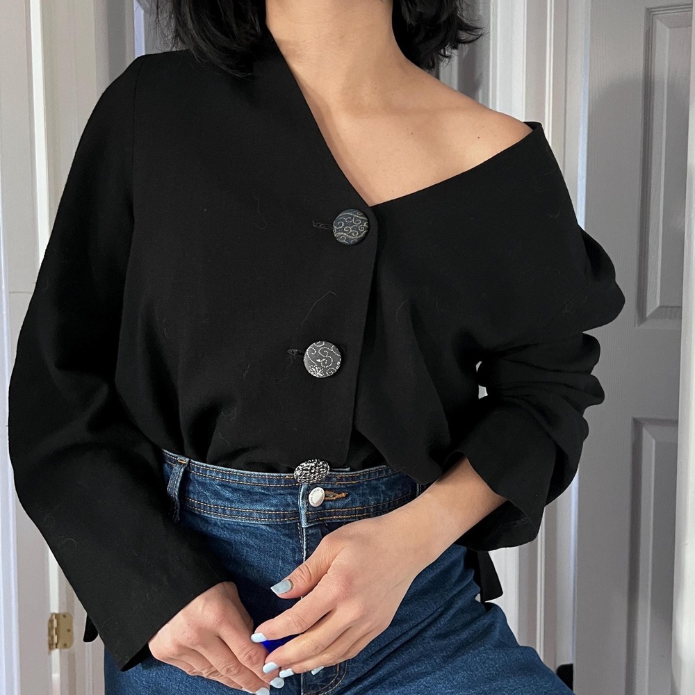 Yasuko Kurisaka Vintage Black Linen Rayon Blazer 3-Button M